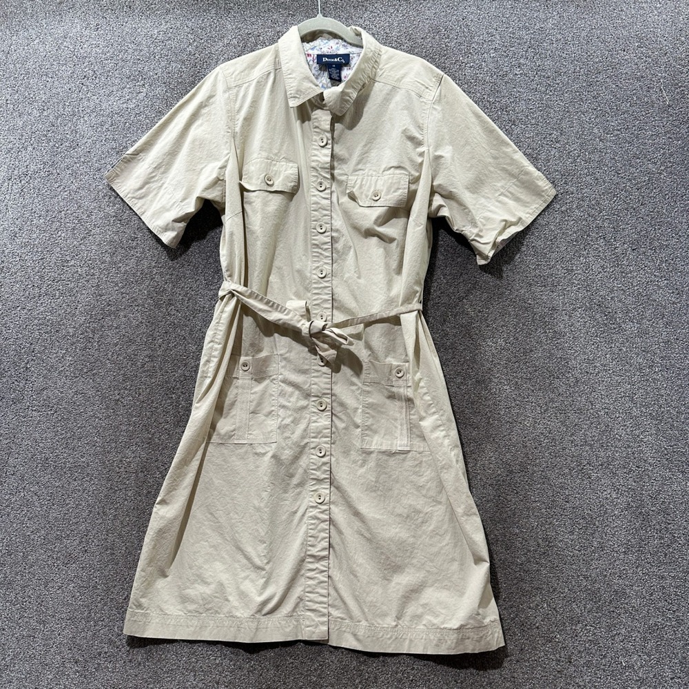 Denim & Co Safari Shirt Dress‎ Women 1X Beige Cotton Belted Short Slveve Utility